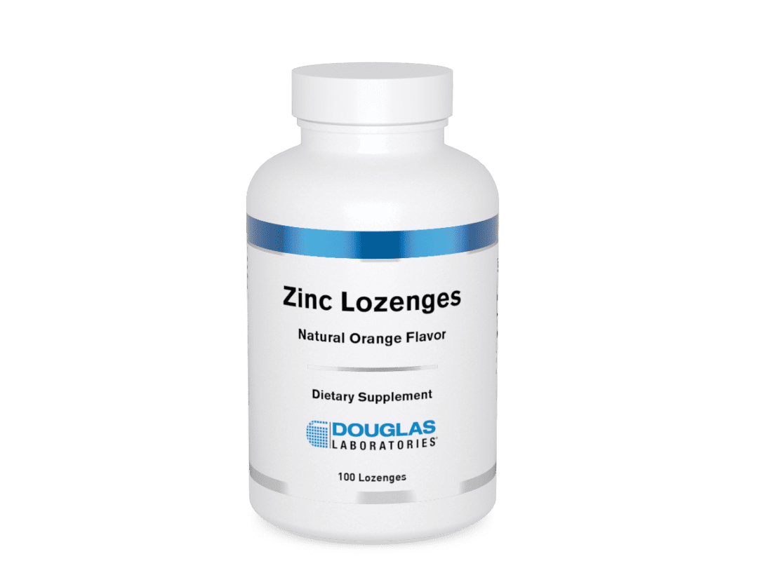 White bottle labeled Zinc Lozenges supplement