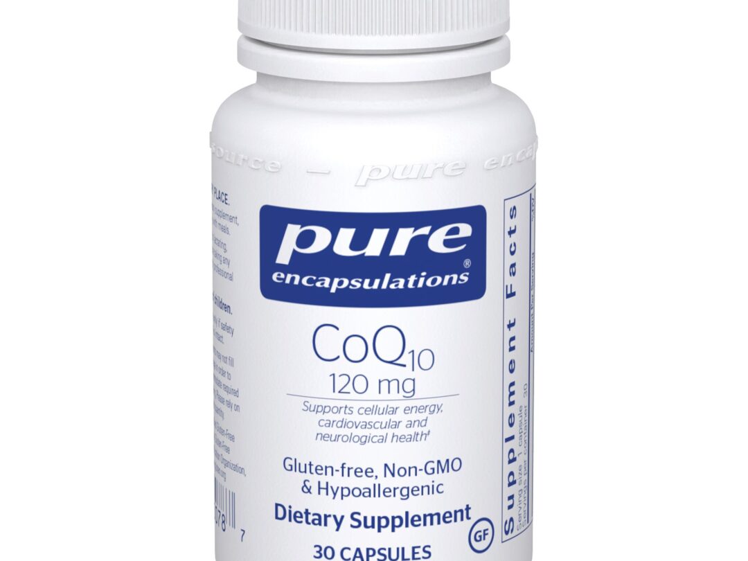 White CoQ10 dietary supplement bottle