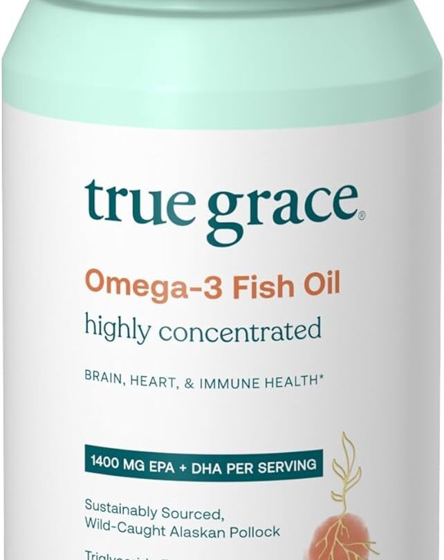 True Grace Omega-3 fish oil bottle on display