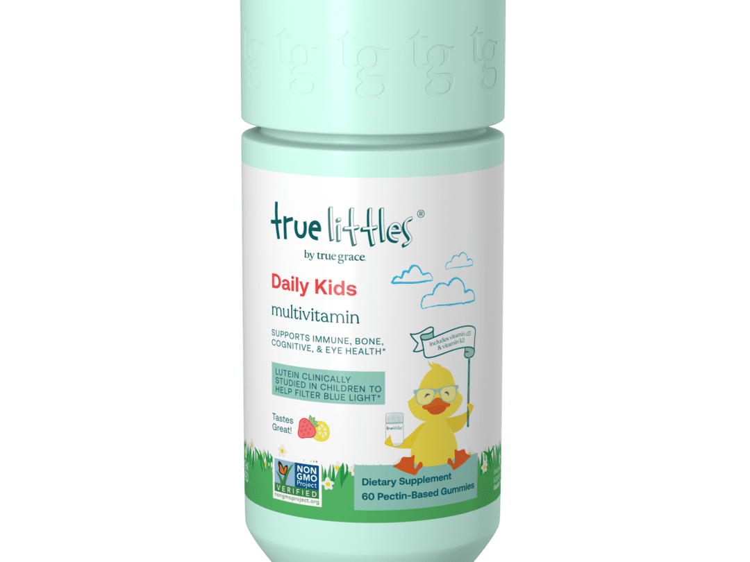 Kids multivitamin bottle with duck illustration