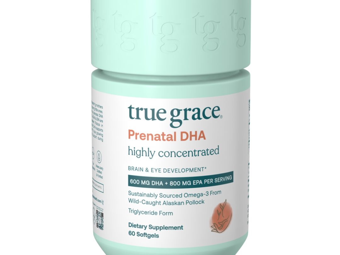 Bottle of True Grace Prenatal DHA supplements