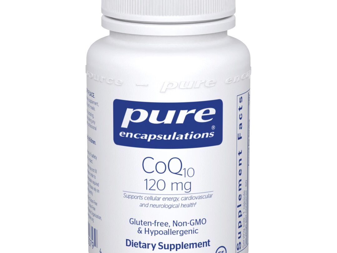 White bottle of CoQ10 supplement 120 mg