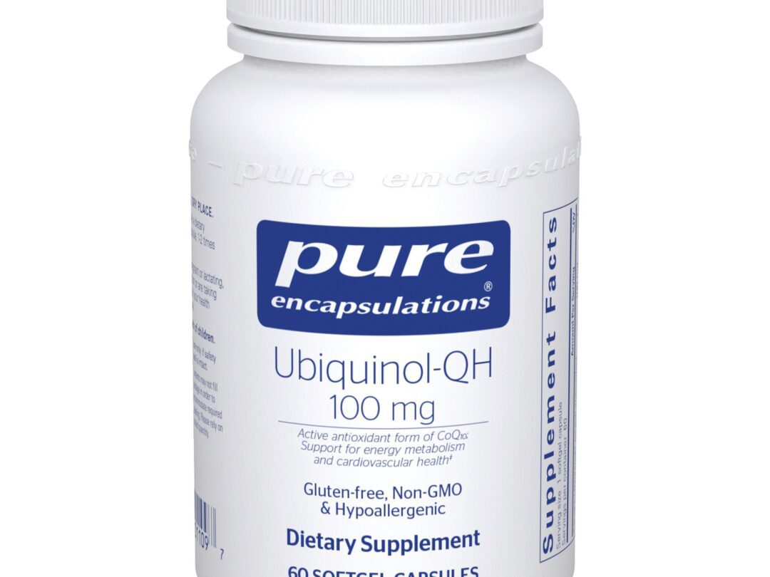 White supplement bottle labeled Ubiquinol-QH