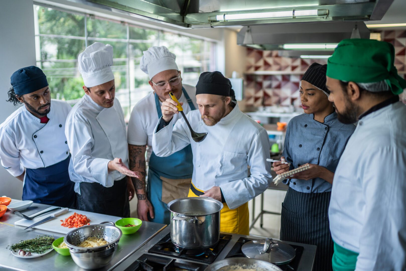 Students preparing food during cooking class