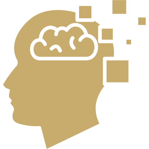 Head silhouette with brain and digital pixels
