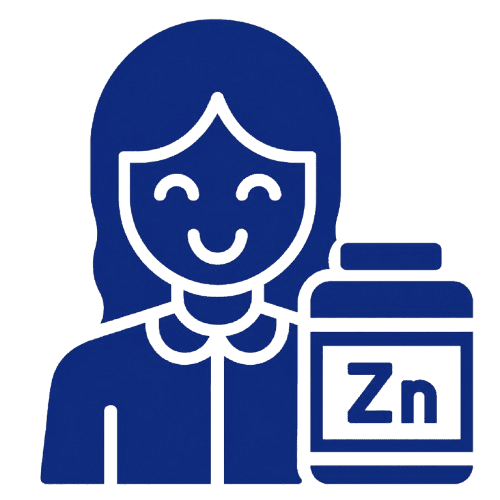 Woman beside bottle labeled Zn