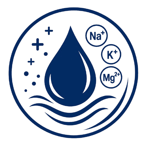 Water droplet with electrolyte symbols icon