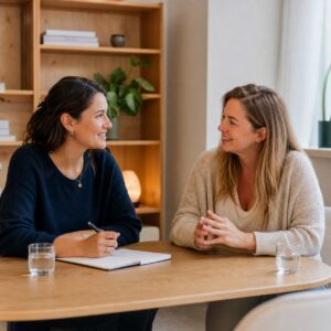 Two women engaged in a friendly conversation.